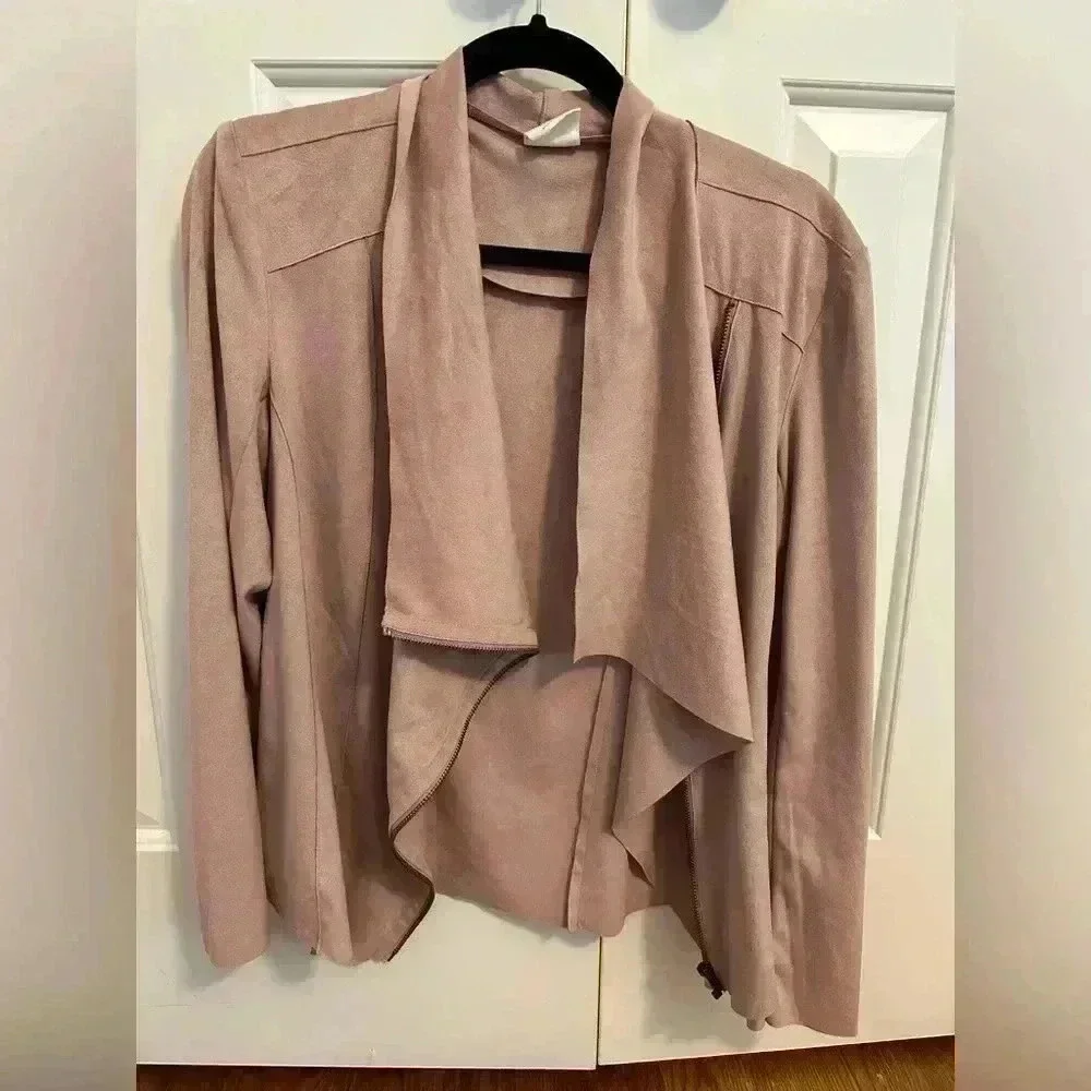 Mote Blush Pink Faux Suede Asymmetric Full-zip Raw Cut Lightweight Moto Jacket M - Picture 2 of 8